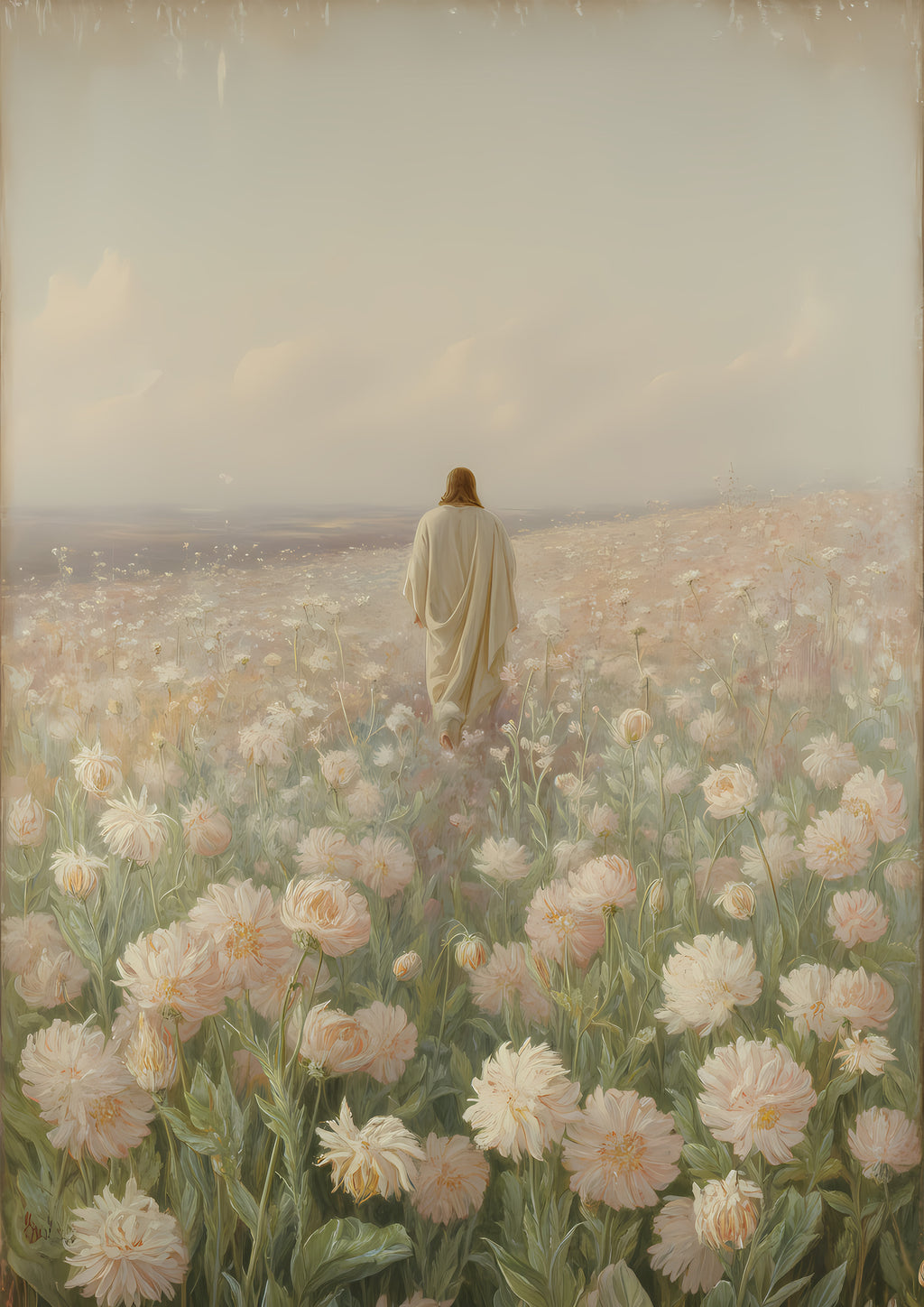 Jesus Walking in Flower Field Canvas Wall Art – Christian Decor of Peace, Faith & Divine Presence | CV04