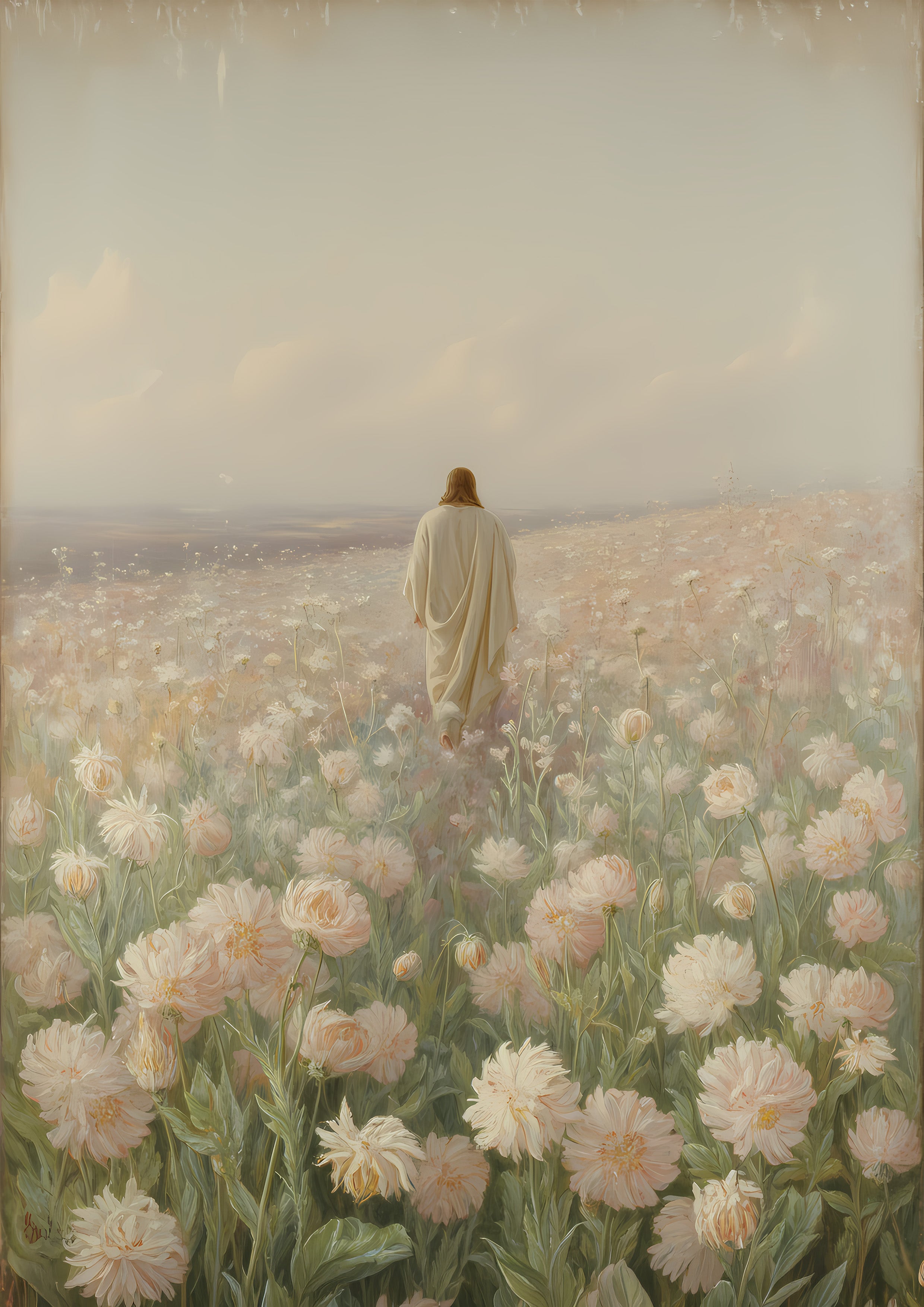 Jesus Walking in Flower Field Canvas Wall Art – Christian Decor of Peace, Faith & Divine Presence | CV04