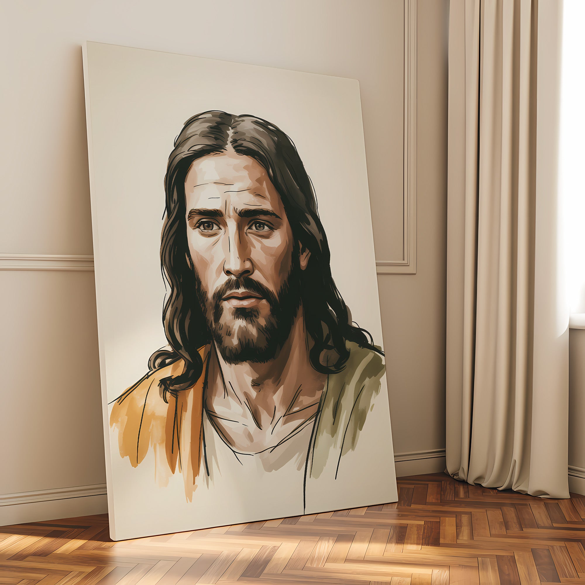 Jesus Portrait Canvas Wall Art – Warm Tone Christian Decor for Peaceful Home & Spiritual Comfort | CV02