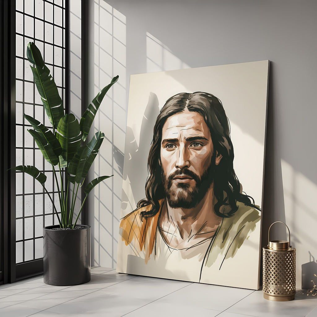 Jesus Portrait Canvas Wall Art – Warm Tone Christian Decor for Peaceful Home & Spiritual Comfort | CV02
