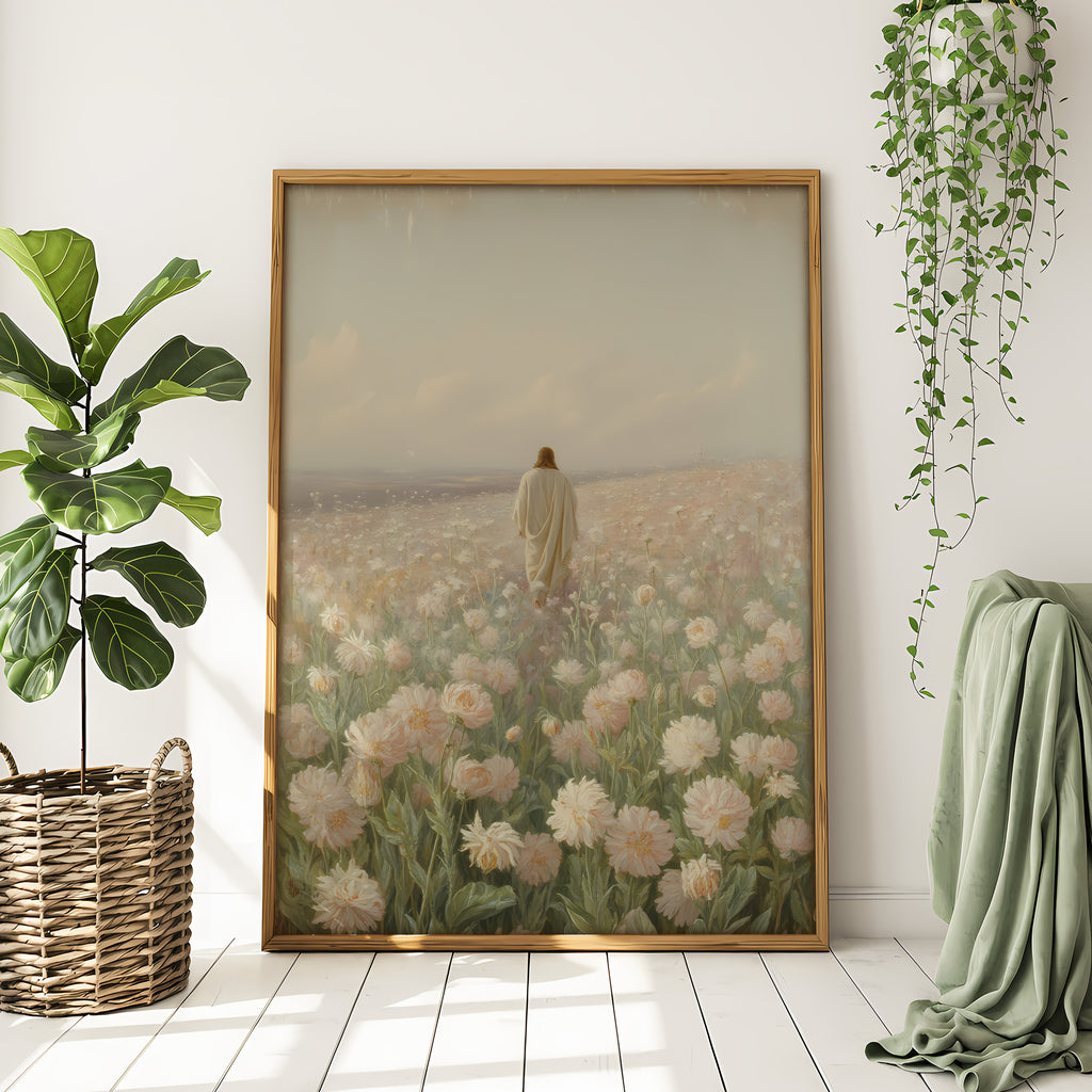 Jesus Walking in Flower Field Canvas Wall Art – Christian Decor of Peace, Faith & Divine Presence | CV04
