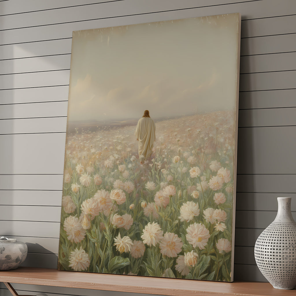 Jesus Walking in Flower Field Canvas Wall Art – Christian Decor of Peace, Faith & Divine Presence | CV04