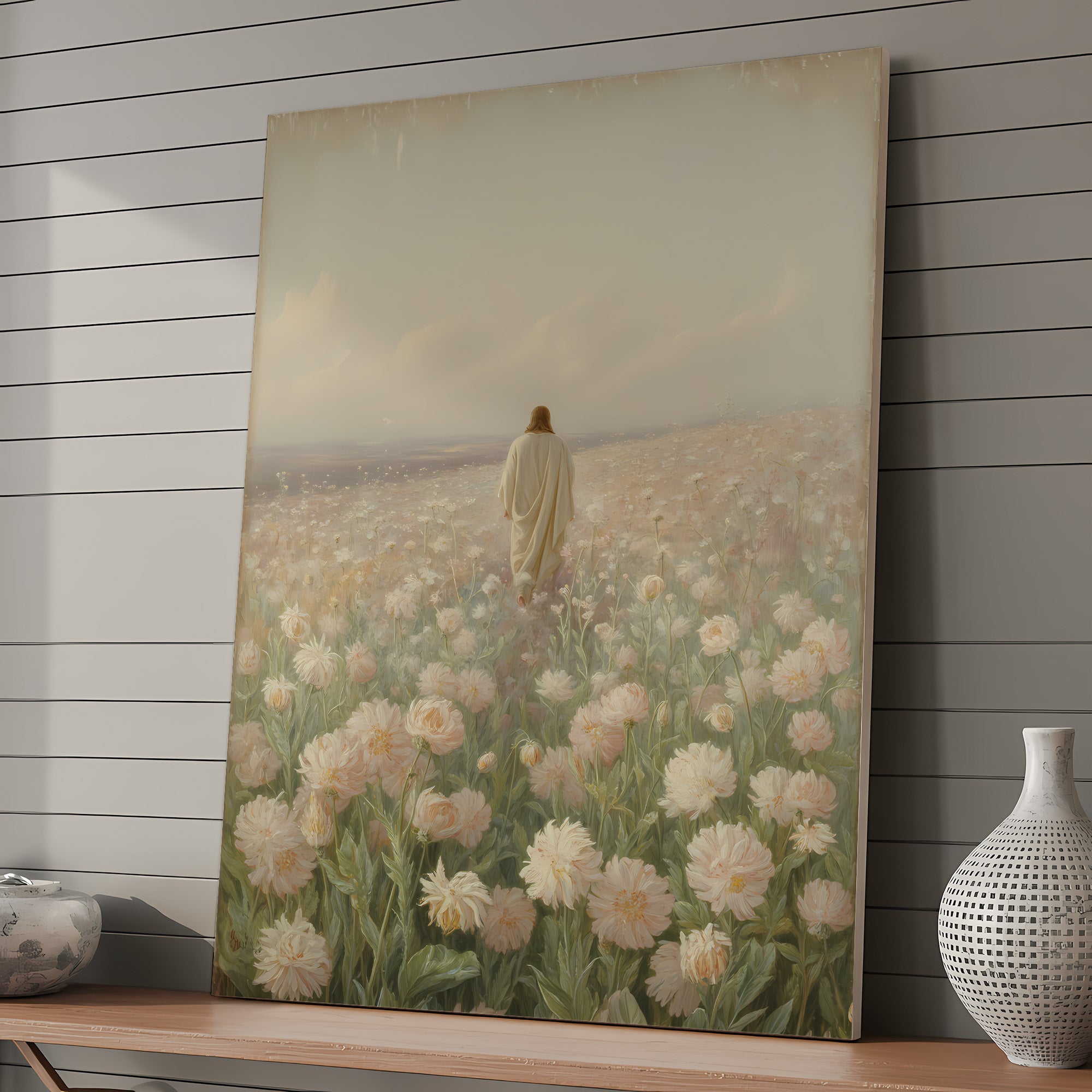 Jesus Walking in Flower Field Canvas Wall Art – Christian Decor of Peace, Faith & Divine Presence | CV04