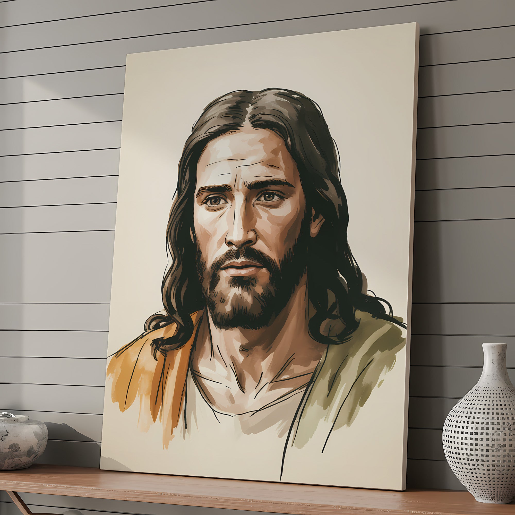 Jesus Portrait Canvas Wall Art – Warm Tone Christian Decor for Peaceful Home & Spiritual Comfort | CV02