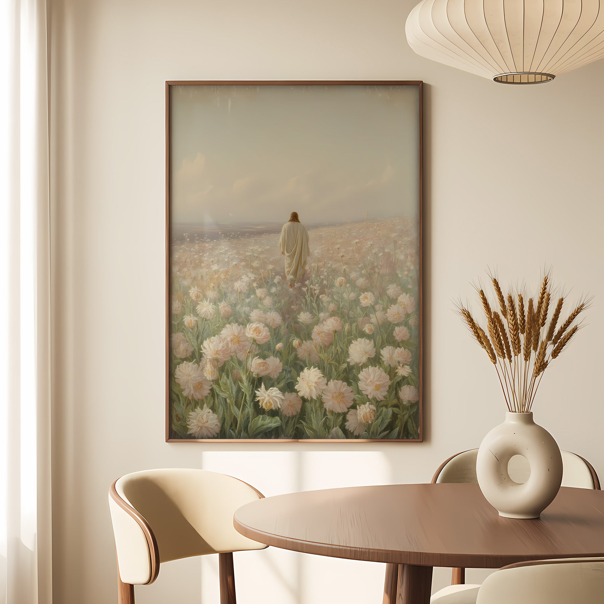 Jesus Walking in Flower Field Canvas Wall Art – Christian Decor of Peace, Faith & Divine Presence | CV04