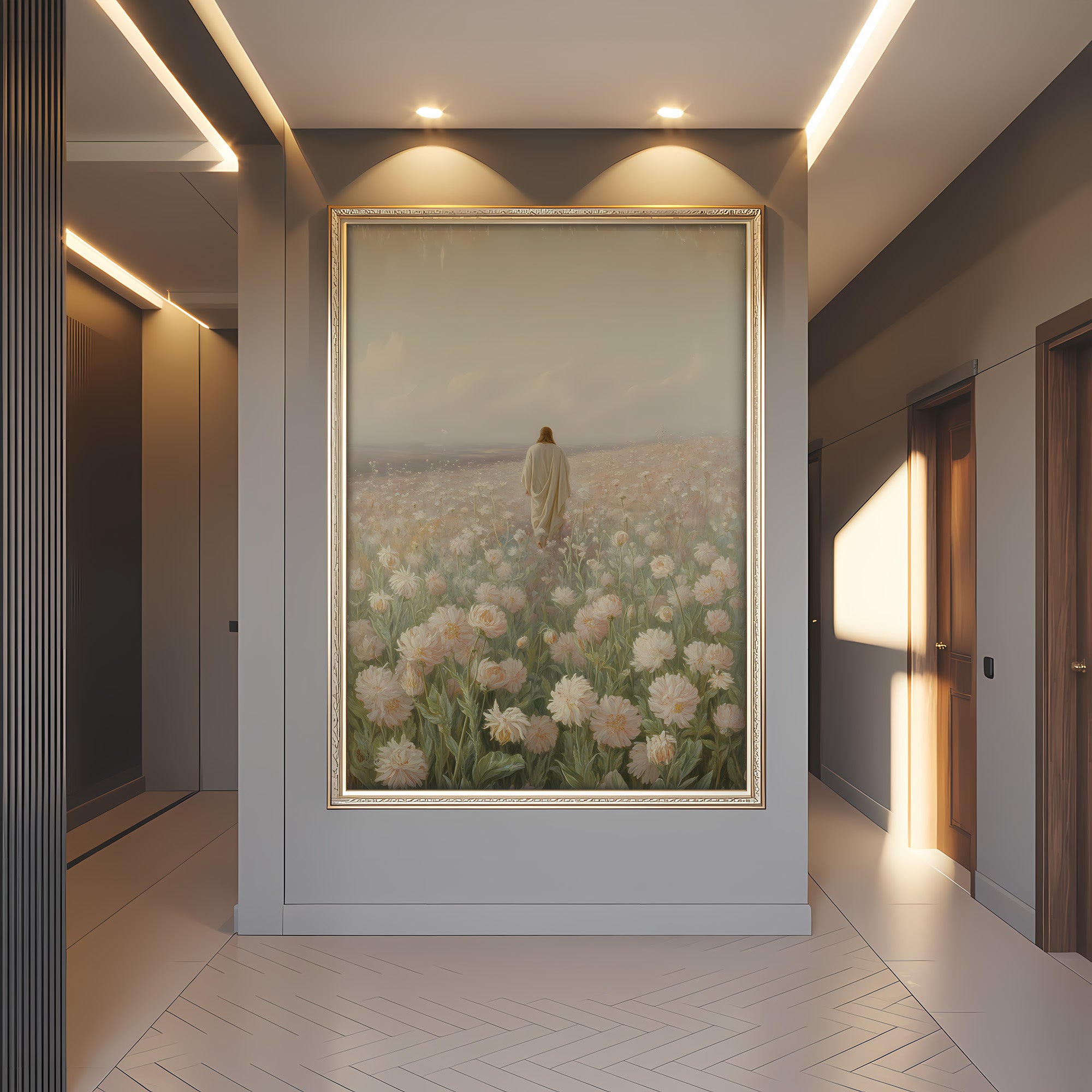 Jesus Walking in Flower Field Canvas Wall Art – Christian Decor of Peace, Faith & Divine Presence | CV04