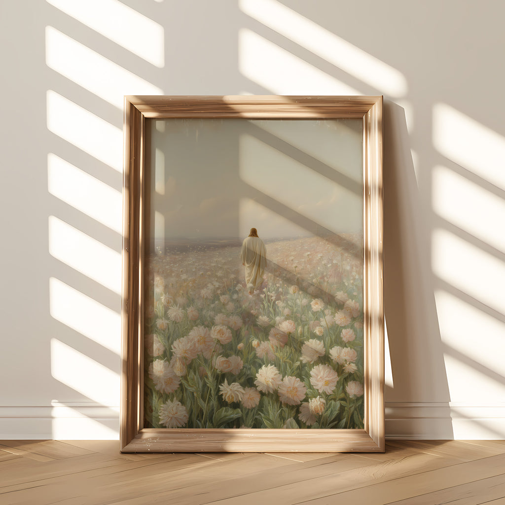 Jesus Walking in Flower Field Canvas Wall Art – Christian Decor of Peace, Faith & Divine Presence | CV04