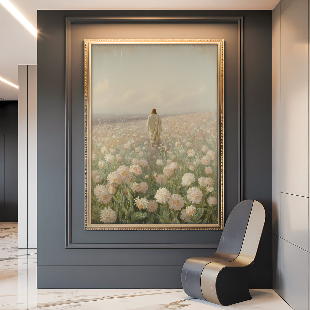 Jesus Walking in Flower Field Canvas Wall Art – Christian Decor of Peace, Faith & Divine Presence | CV04