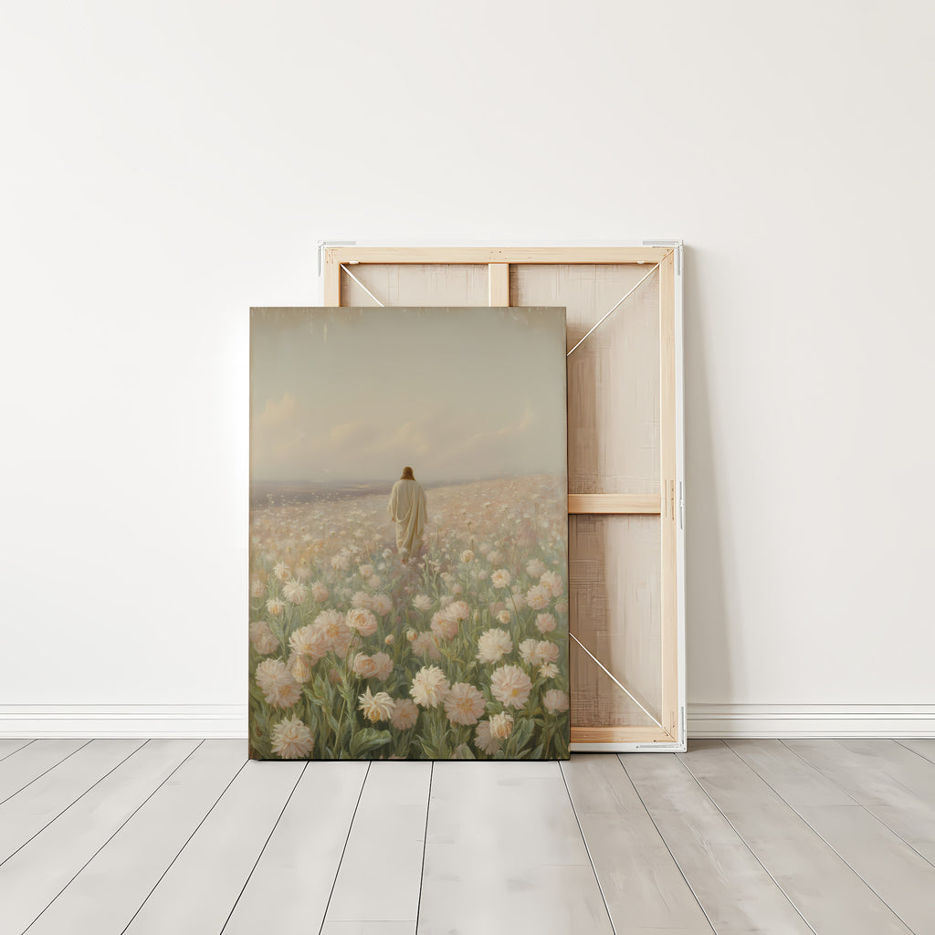 Jesus Walking in Flower Field Canvas Wall Art – Christian Decor of Peace, Faith & Divine Presence | CV04