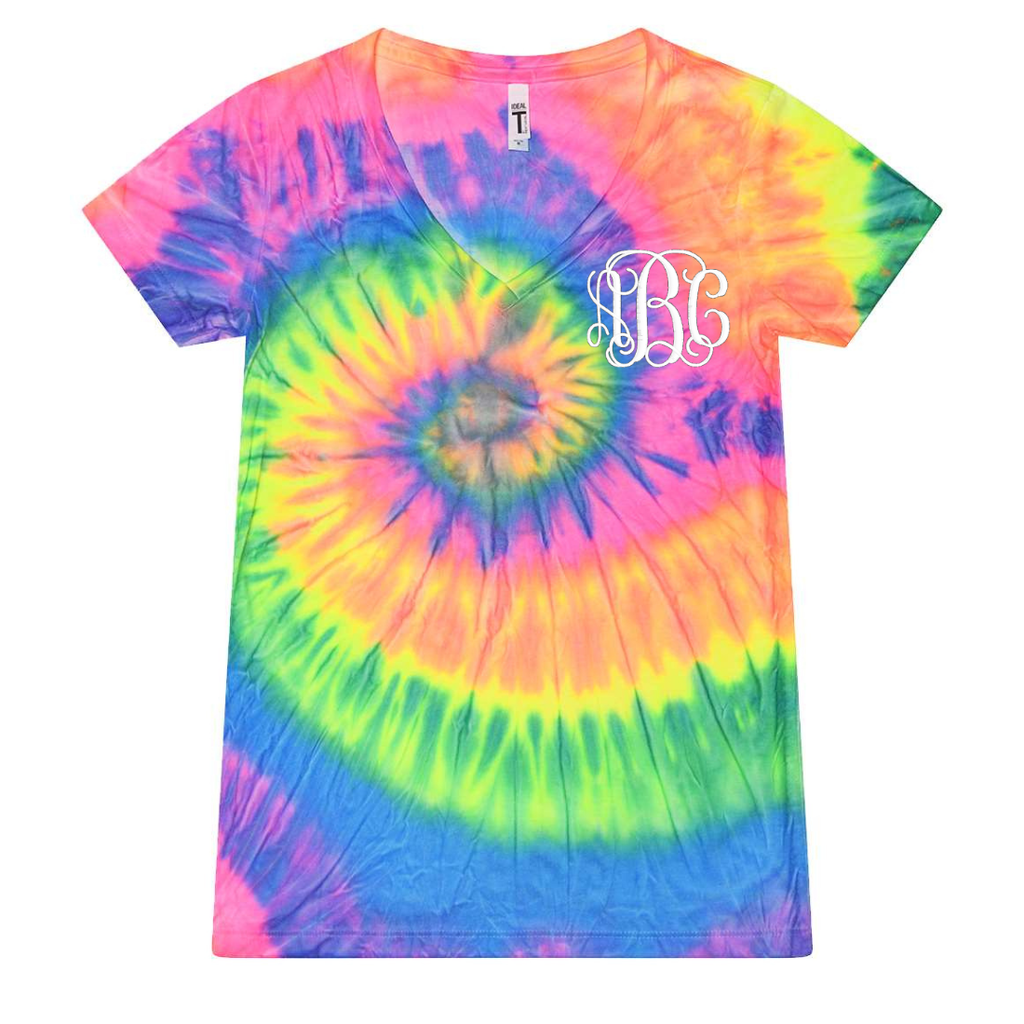 Monogrammed Tie Dye Ladies V-Neck Tee