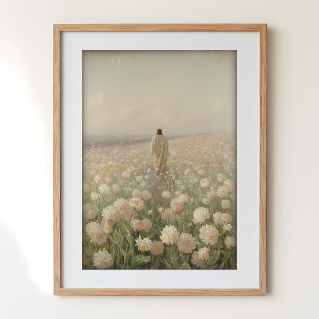 Jesus Walking in Flower Field Canvas Wall Art – Christian Decor of Peace, Faith & Divine Presence | CV04