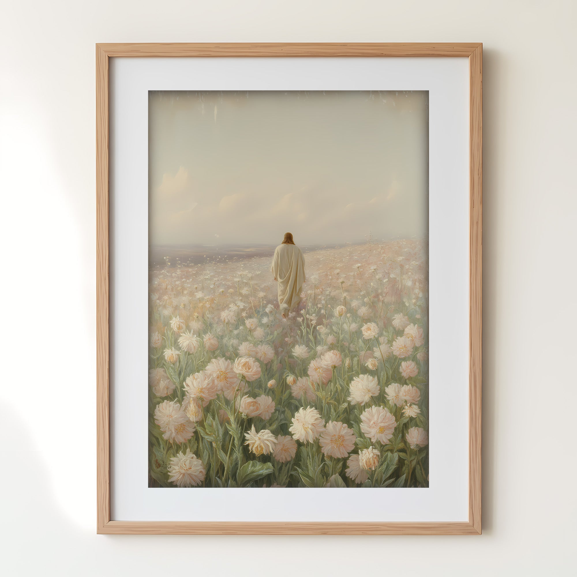 Jesus Walking in Flower Field Canvas Wall Art – Christian Decor of Peace, Faith & Divine Presence | CV04