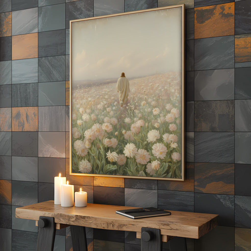 Jesus Walking in Flower Field Canvas Wall Art – Christian Decor of Peace, Faith & Divine Presence | CV04