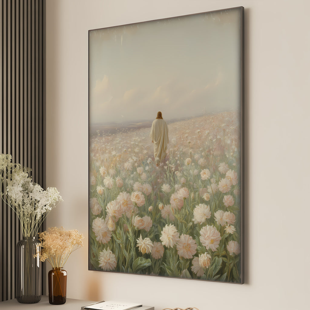 Jesus Walking in Flower Field Canvas Wall Art – Christian Decor of Peace, Faith & Divine Presence | CV04