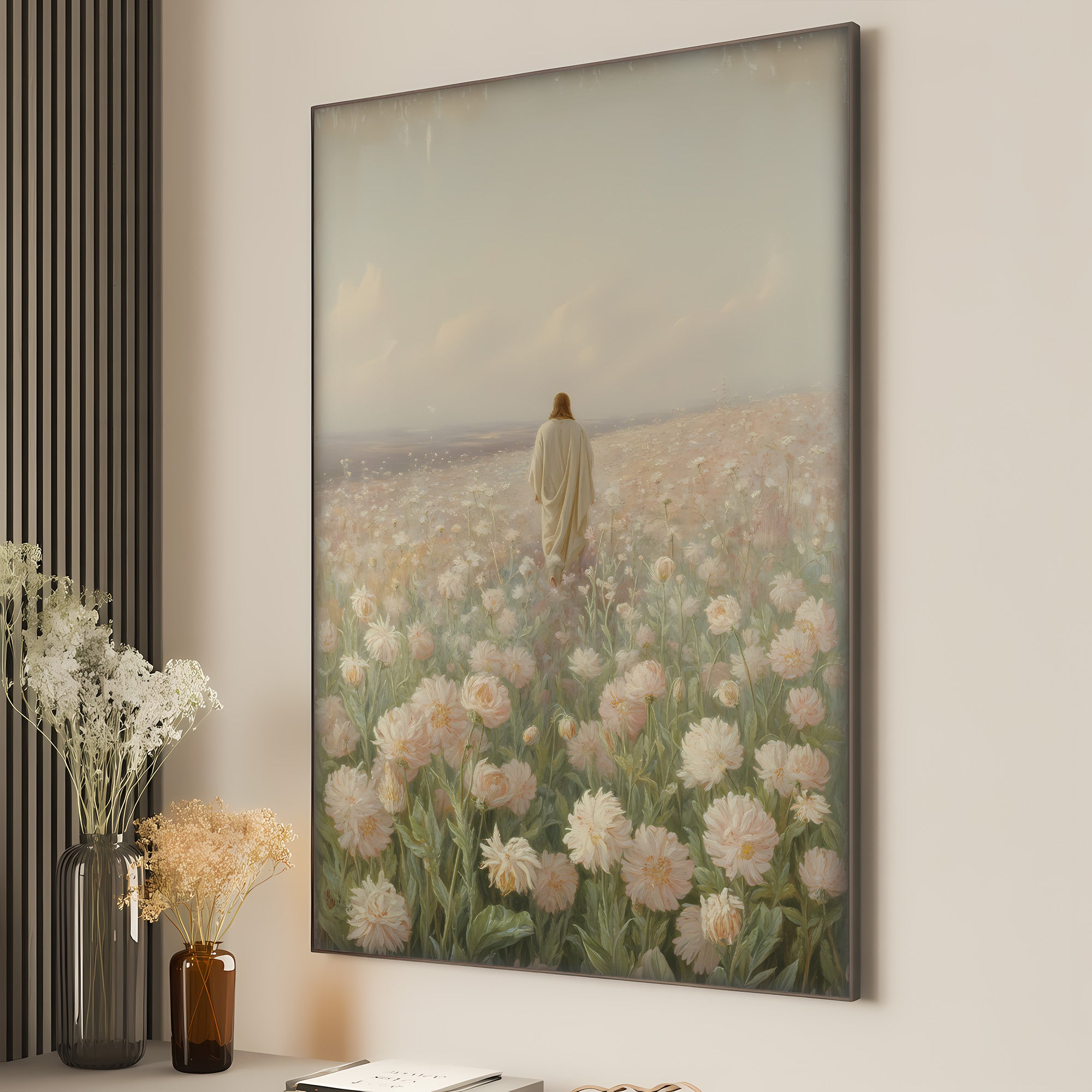Jesus Walking in Flower Field Canvas Wall Art – Christian Decor of Peace, Faith & Divine Presence | CV04