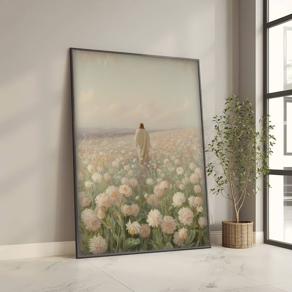 Jesus Walking in Flower Field Canvas Wall Art – Christian Decor of Peace, Faith & Divine Presence | CV04