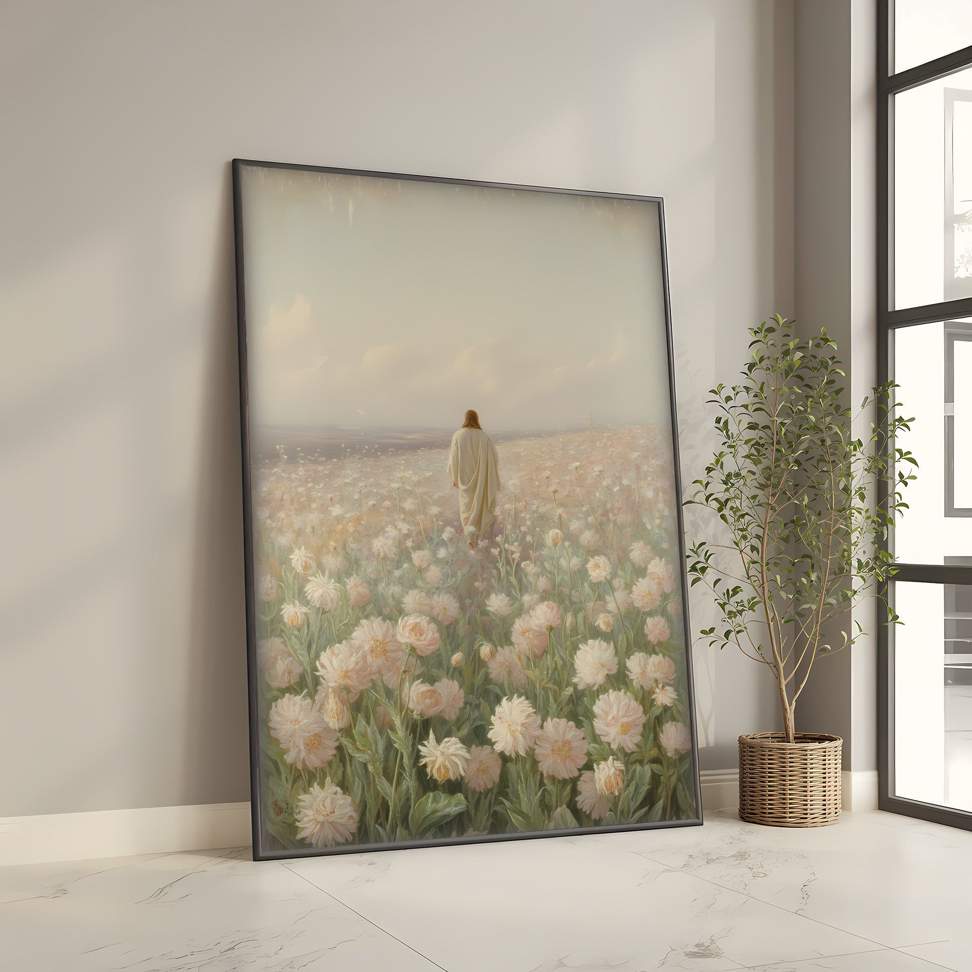 Jesus Walking in Flower Field Canvas Wall Art – Christian Decor of Peace, Faith & Divine Presence | CV04