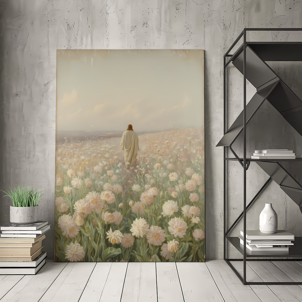 Jesus Walking in Flower Field Canvas Wall Art – Christian Decor of Peace, Faith & Divine Presence | CV04