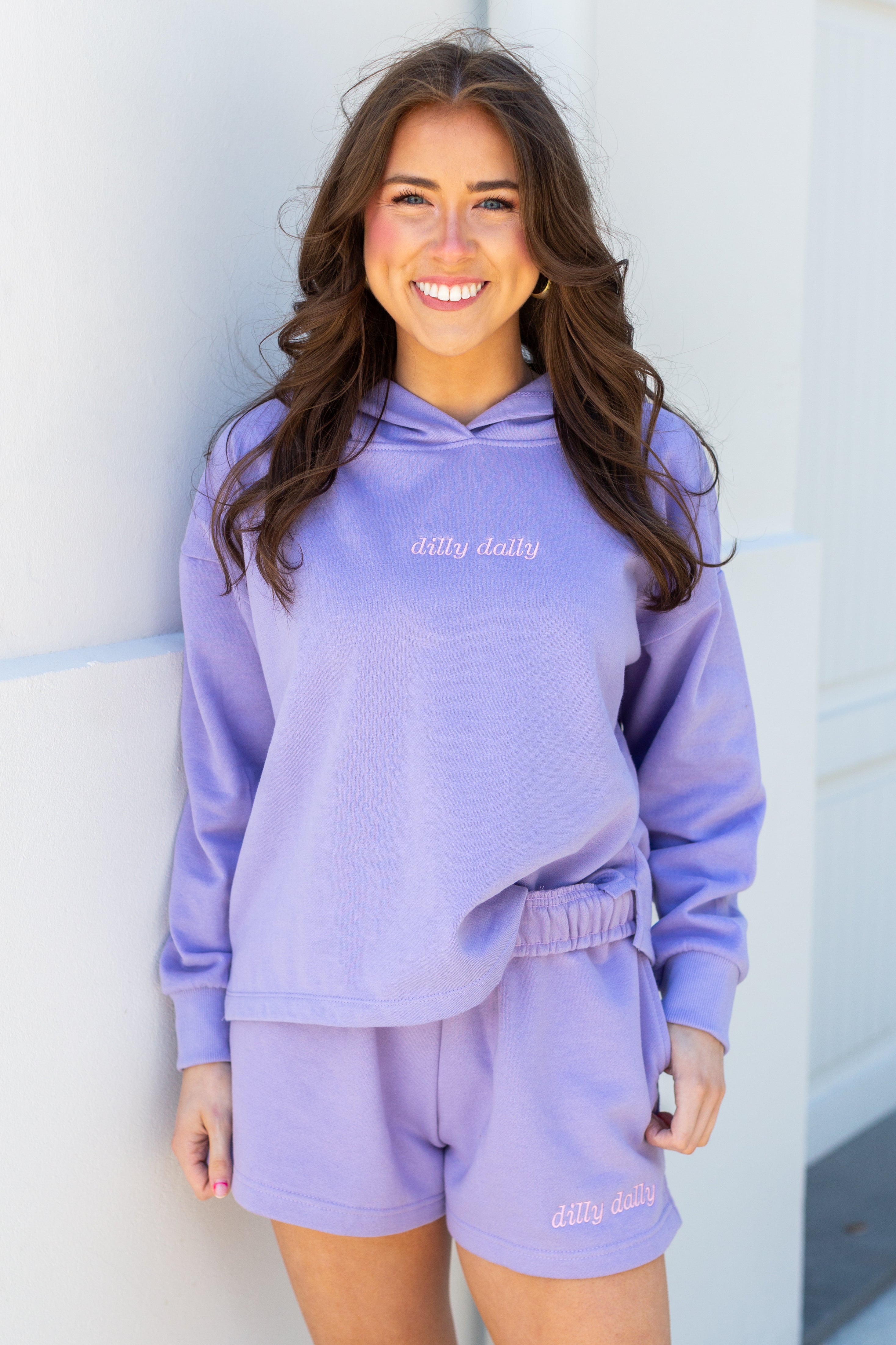 Embroidered 'Dilly Dally' Cloud Hoodie & Shorts Set