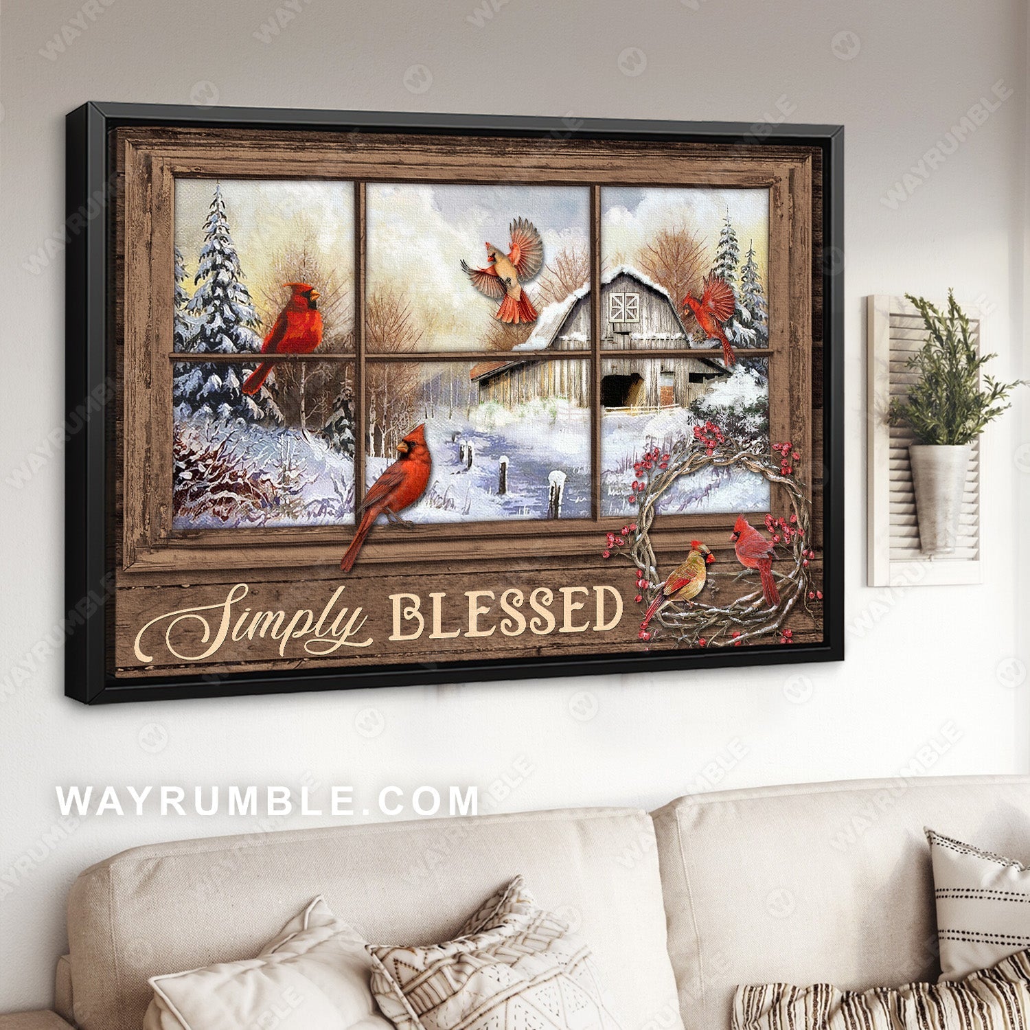 Red cardinal drawing, White snow, Winter forest, Cranberry wreath, Simply blessed - Jesus Landscape Canvas Prints, Christian Wall Art