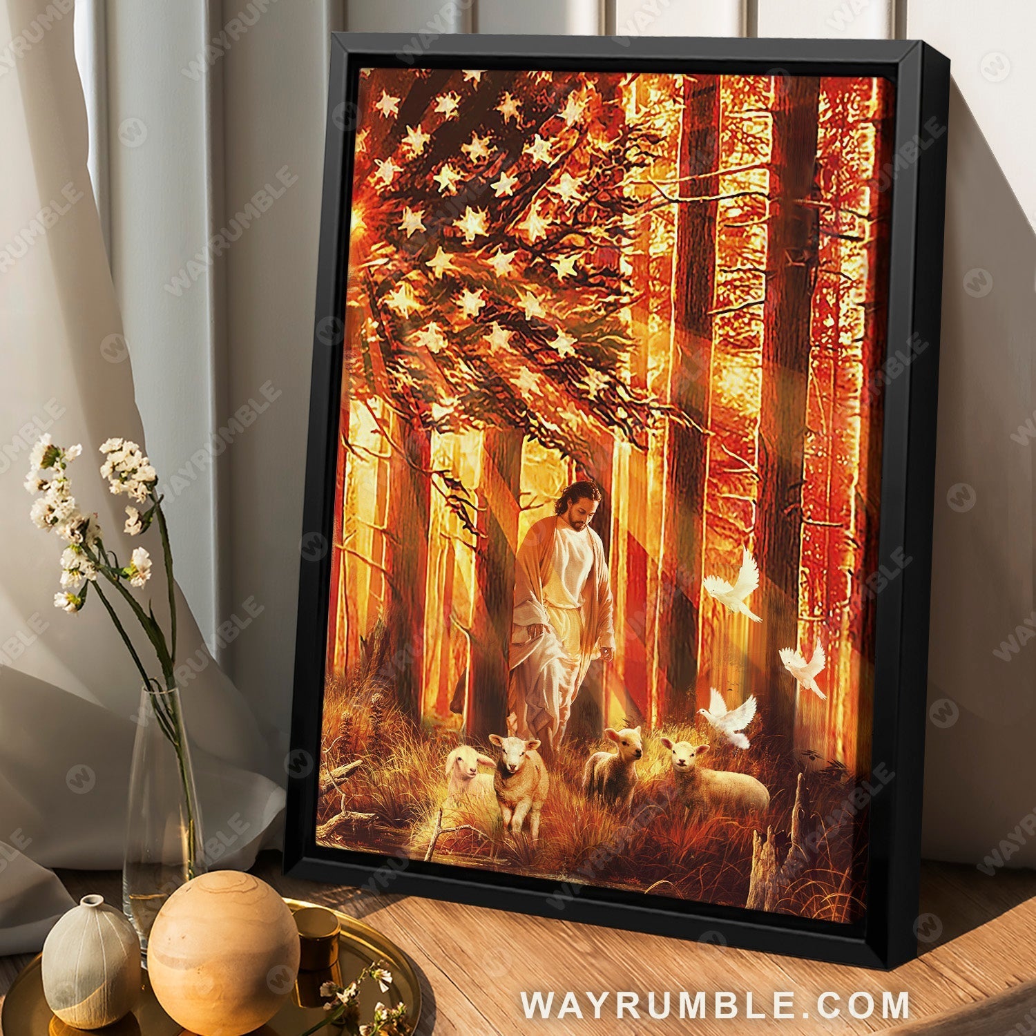Jesus painting, Walking with the lambs - Jesus, US Flag Portrait Canvas Prints, Wall Art