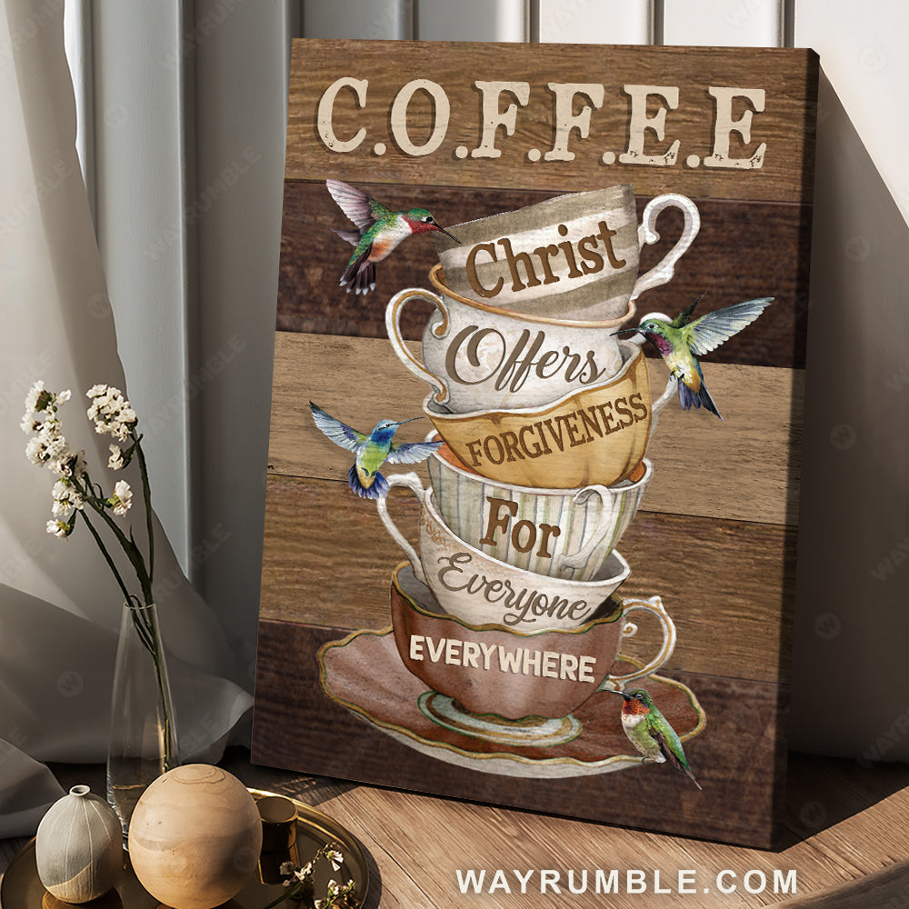 Vintage coffee cup, Hummingbird painting, Christ offer forgiven for everyone - Jesus Portrait Canvas Prints, Christian Wall Art