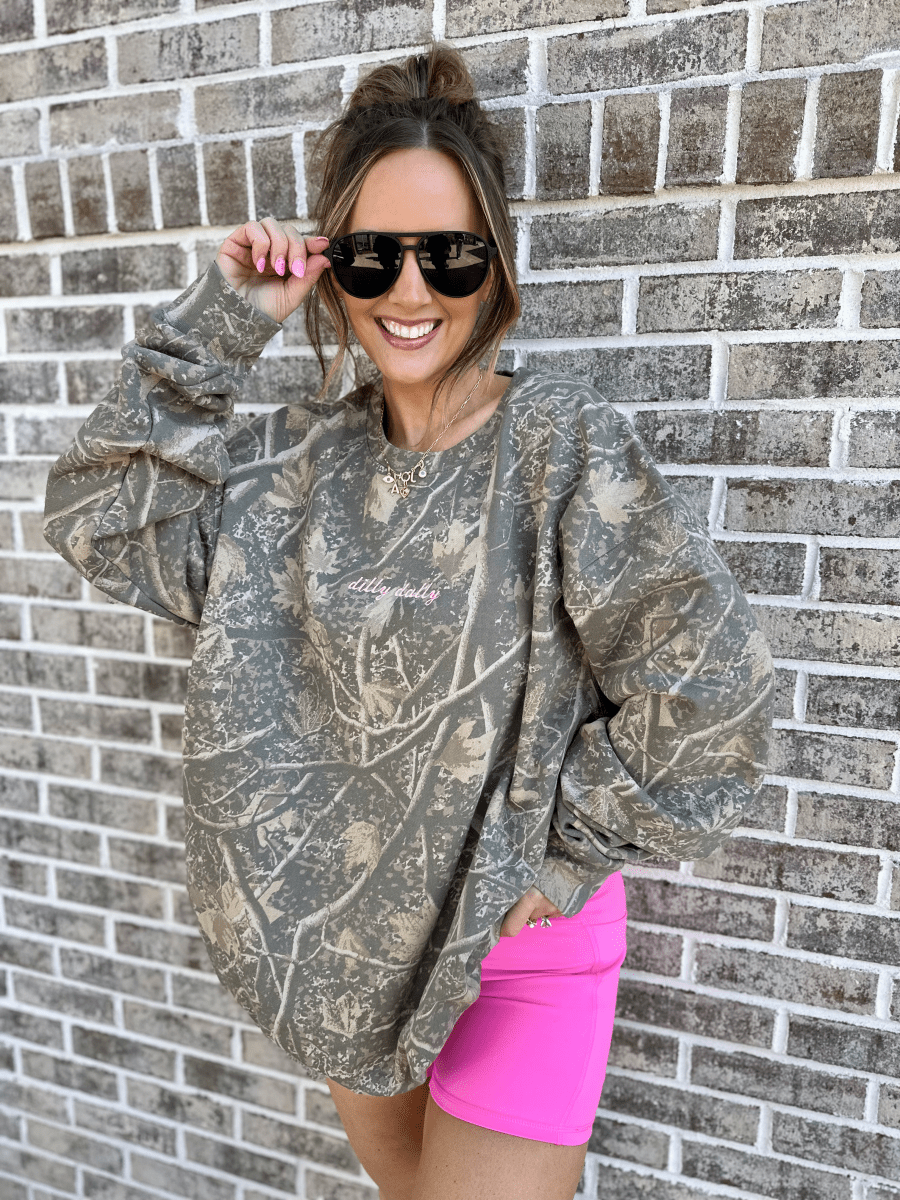 Embroidered ‘Dilly Dally’ Camo Hideaway Crewneck