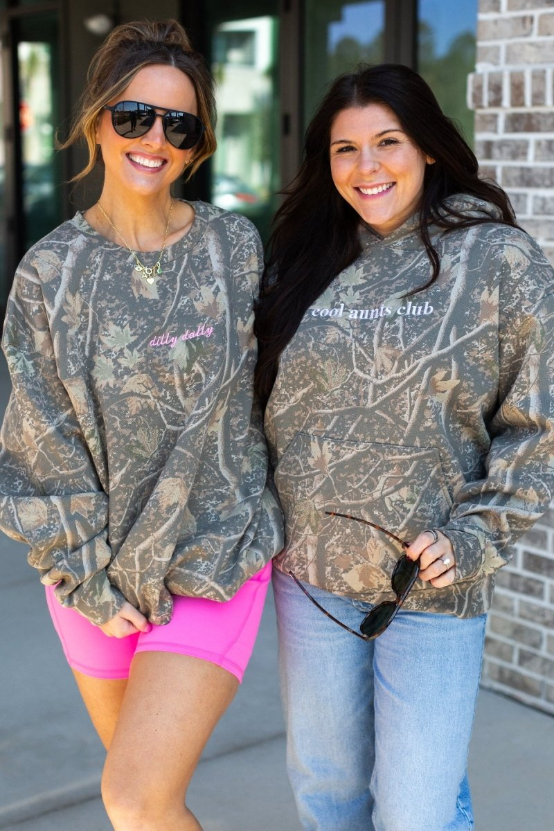 Embroidered ‘Dilly Dally’ Camo Hideaway Crewneck