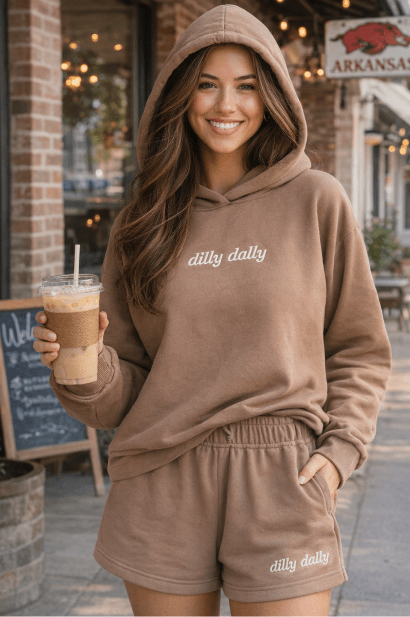 Embroidered 'Dilly Dally' Cloud Hoodie & Shorts Set