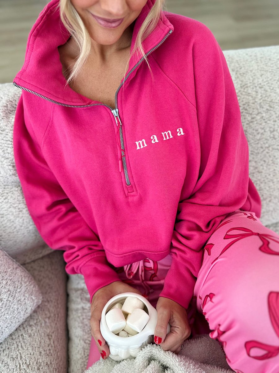 Embroidered 'Mama' Pocket Quarter Zip Sweatshirt