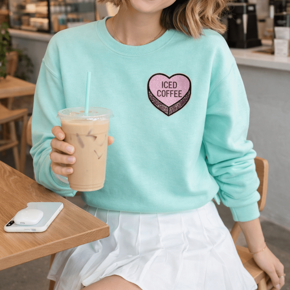 'Iced Coffee Candy Heart' Letter Patch Crewneck Sweatshirt