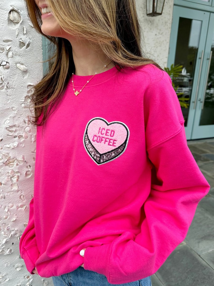 'Iced Coffee Candy Heart' Letter Patch Crewneck Sweatshirt