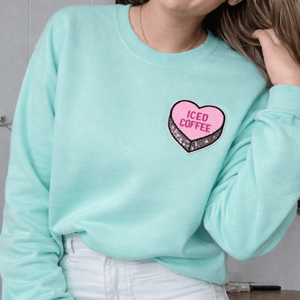 'Iced Coffee Candy Heart' Letter Patch Crewneck Sweatshirt