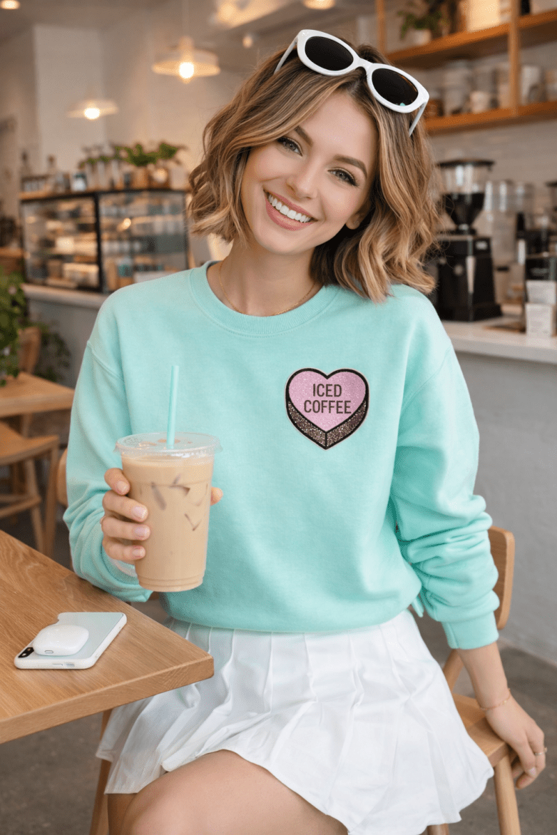 'Iced Coffee Candy Heart' Letter Patch Crewneck Sweatshirt