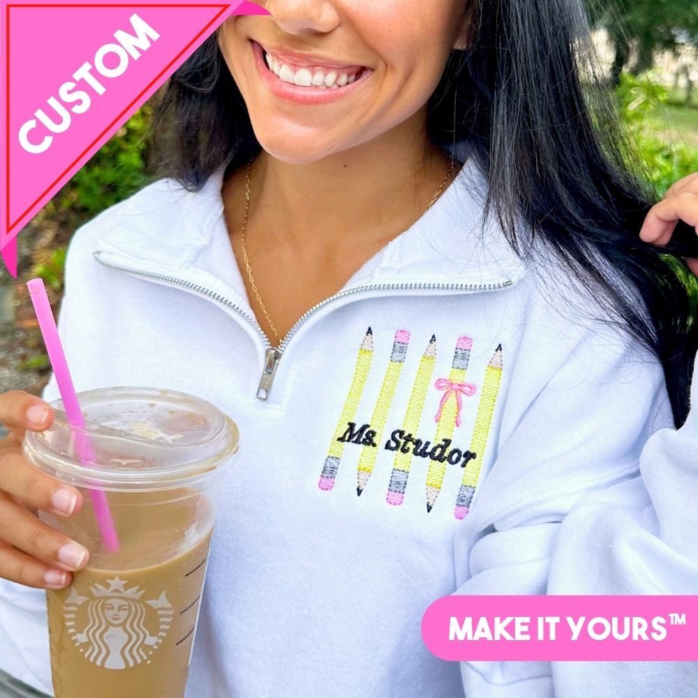 Make It Yours™ 'Bow & Pencil' Quarter Zip Sweatshirt
