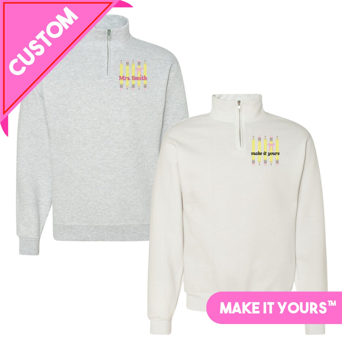 Make It Yours™ 'Bow & Pencil' Quarter Zip Sweatshirt