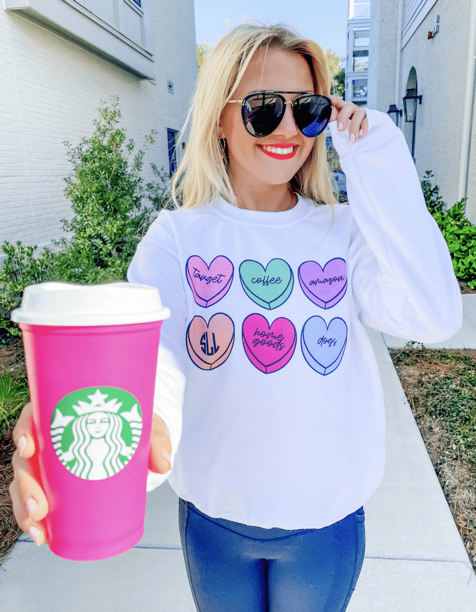 Monogrammed 'Basic Girl Candy Hearts' Crewneck Sweatshirt