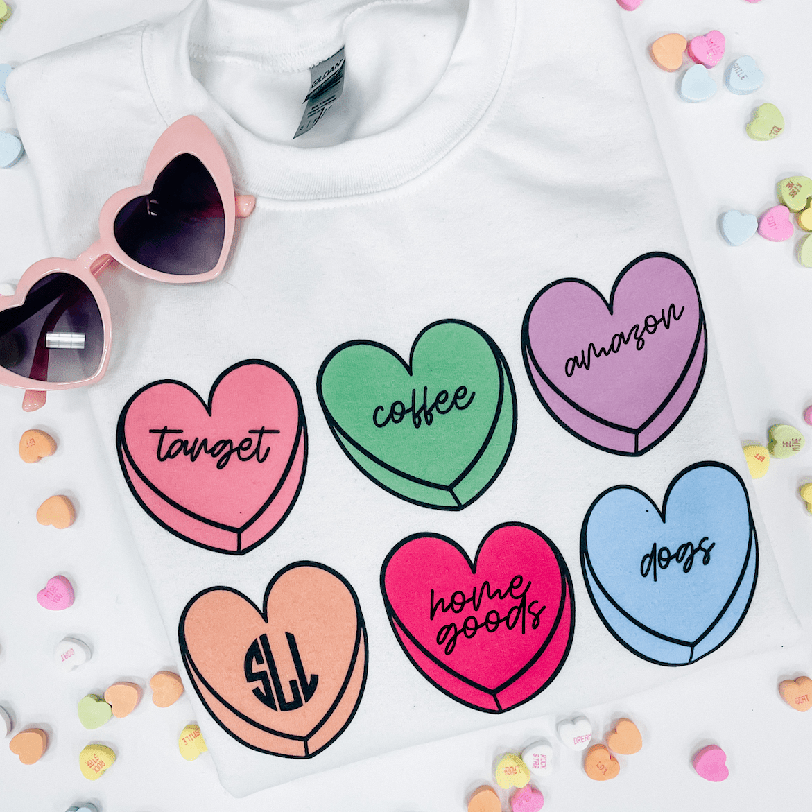 Monogrammed 'Basic Girl Candy Hearts' Crewneck Sweatshirt