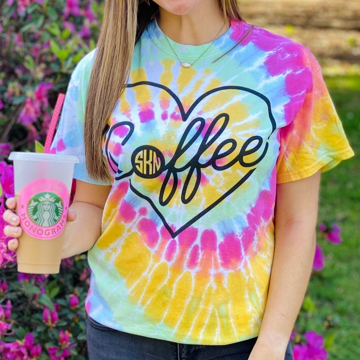 Monogrammed 'Coffee Heart' Tie Dye T-Shirt