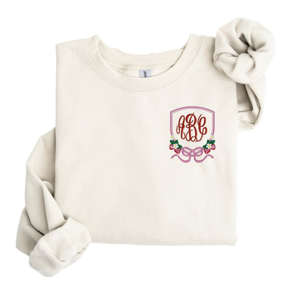 Monogrammed 'Strawberry Bow Crest' Crewneck Sweatshirt
