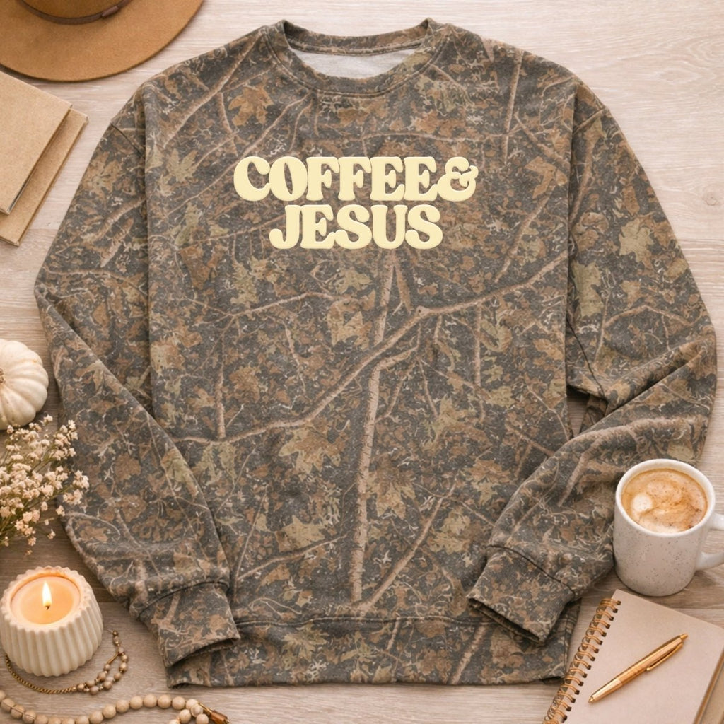 PUFF ‘Coffee & Jesus’ Camo Hideaway Crewneck
