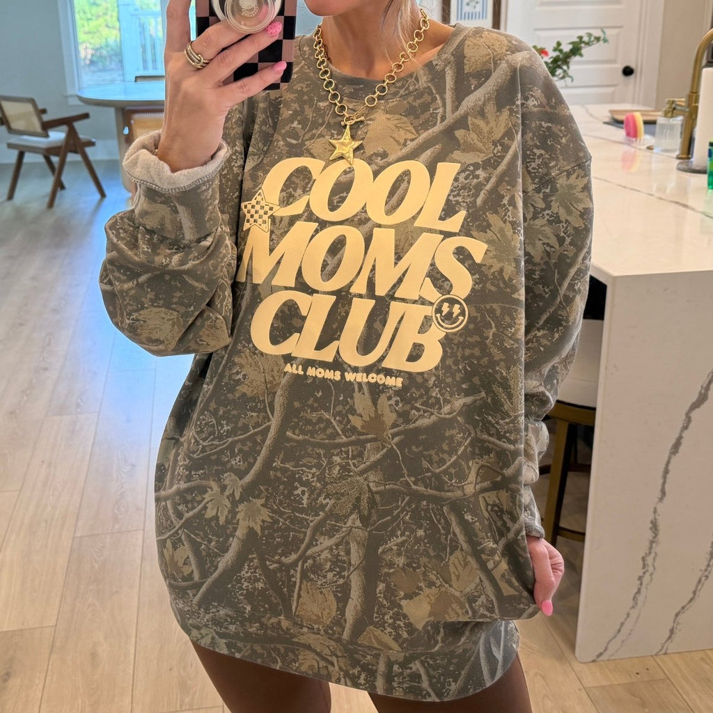 PUFF 'Cool Mom's Club - All Moms Welcome' Camo Hideaway Crewneck