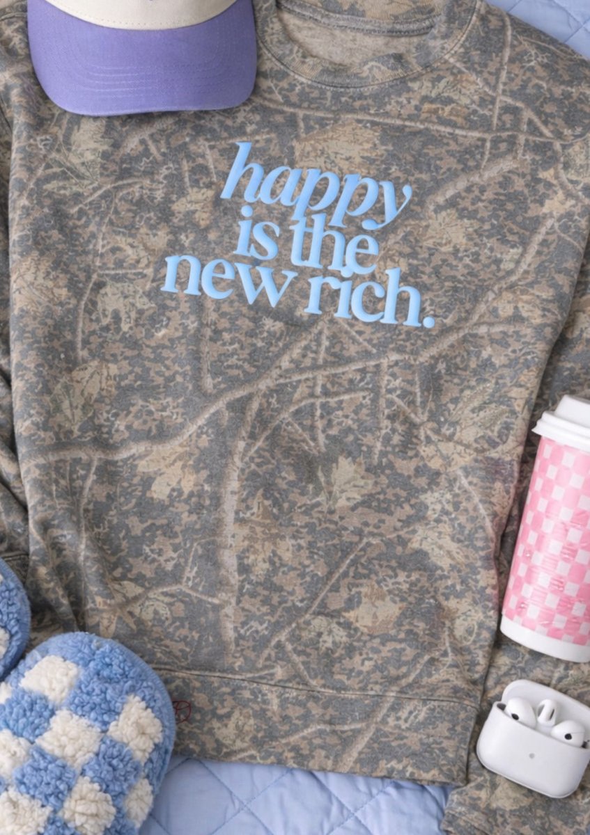 PUFF 'Happy Is The New Rich' Camo Hideaway Crewneck