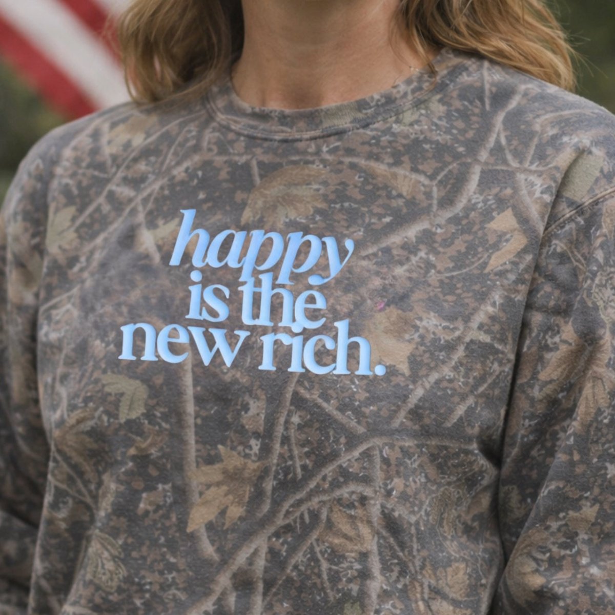 PUFF 'Happy Is The New Rich' Camo Hideaway Crewneck