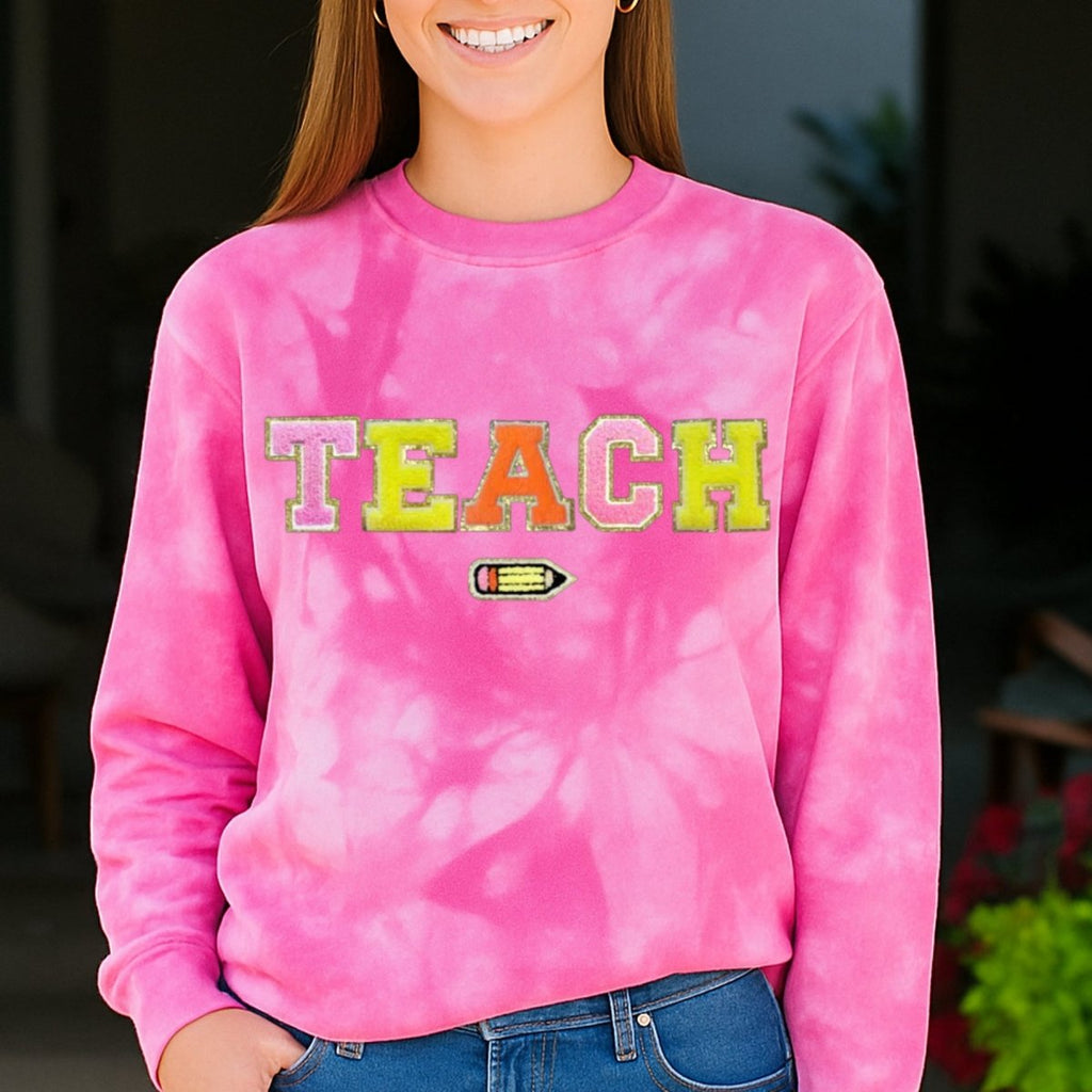 'Teach In Technicolor' Tie Dye Letter Patch Crewneck