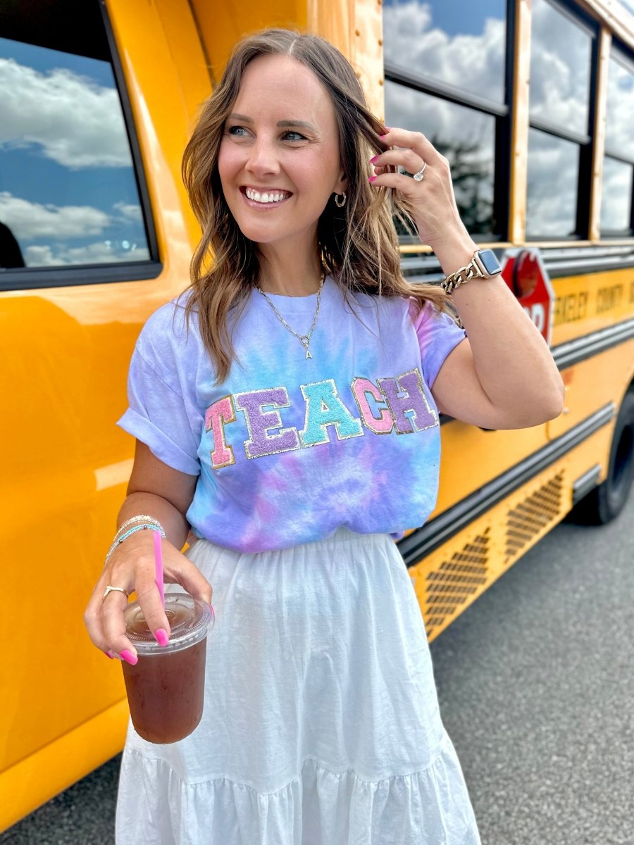 'Teach In Technicolor' Tie Dye Letter Patch T-Shirt